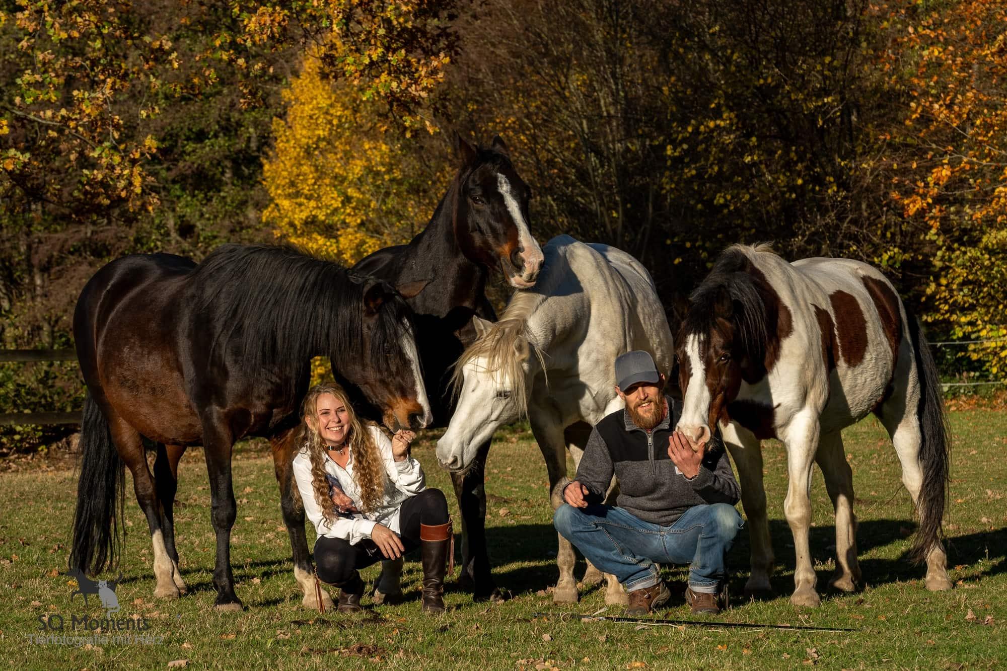 Peer und Jenny hocken zwischen vier Pferden auf einer Herbstwiese.